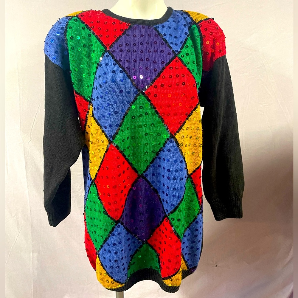 80s 90s Sweater Sz L Sequin Beaded Harlequin Colorful Oversized Heavyweight
